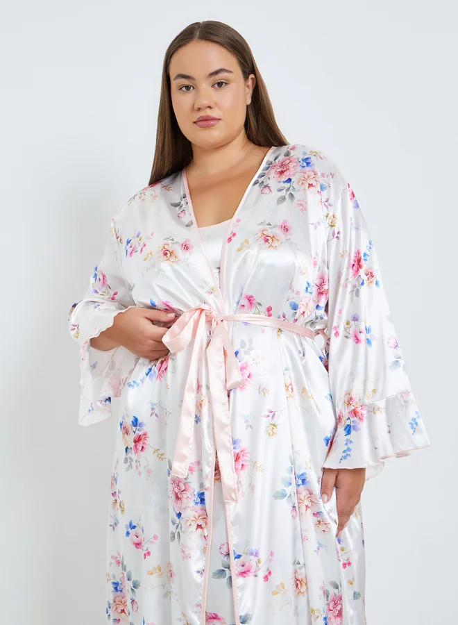 Take Two Plus Size Women Floral Print Robe and Satin Slip Dress